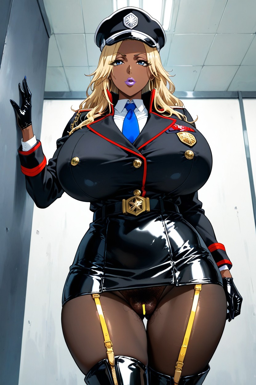 And A Gold Chain Hanging From The Right Shoulder To The Left Lapel, Covered Breast With Latex Black Military Uniform With Yellow Strips With Dark Blue Tie, Black Pantyhose Hentai IA