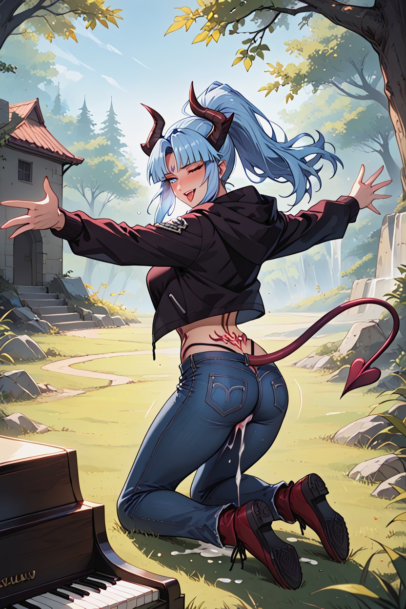 Cute, Lying On Back, Ponytail Hentai AI Porn
