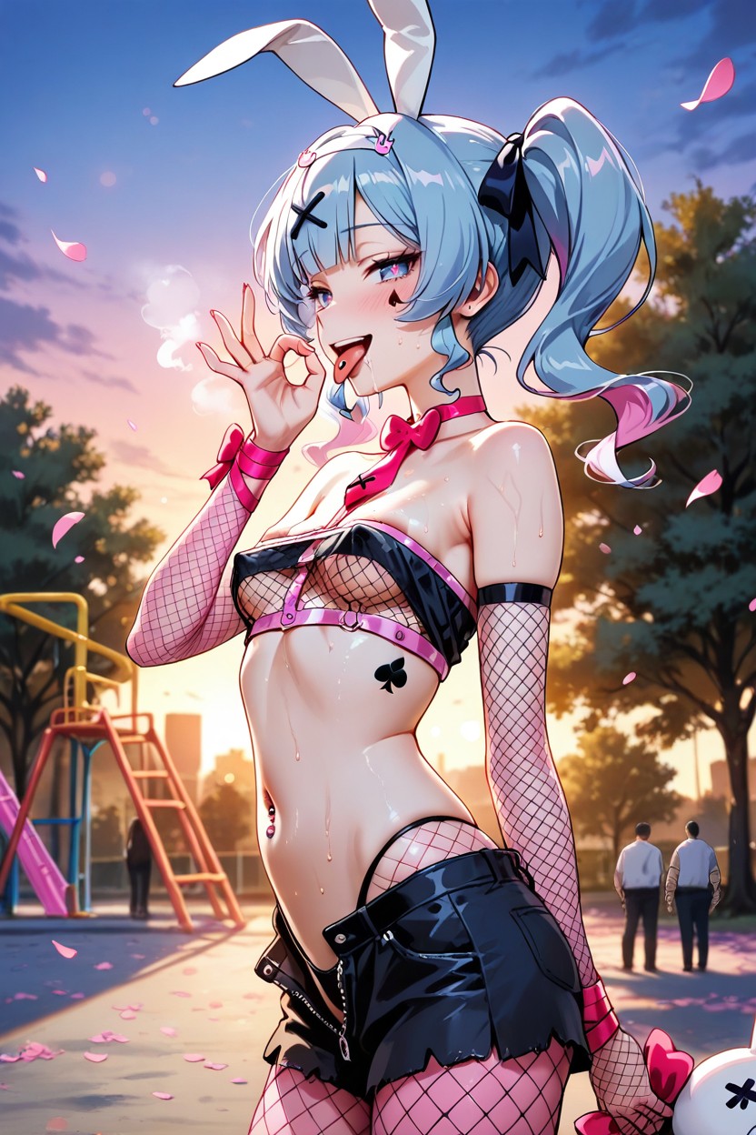 Falling Pink Petals, Fishnet Stocking, Tree Hentai AI Porn