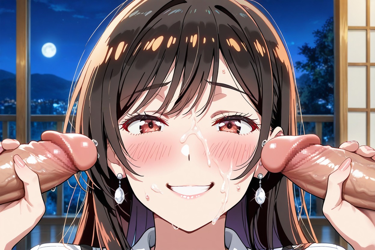 Parted Lips, Sweety Idol Face, The Two Penises Are Erect And Curved Upwards Hentai AI Porn