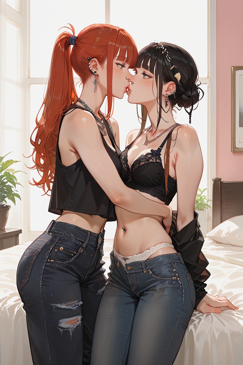 Skinny, Looking At Each Other, Anime Figures On Shelves In The Background Hentai AI Porn