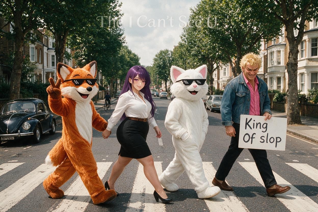 Maintaining The Depth And Perspective The Lighting Is Diffused Daylight, The Third Figure Is Large Whitecat Mascot With Hands In Pockets And Wide-smile, 18+ Hentai IA