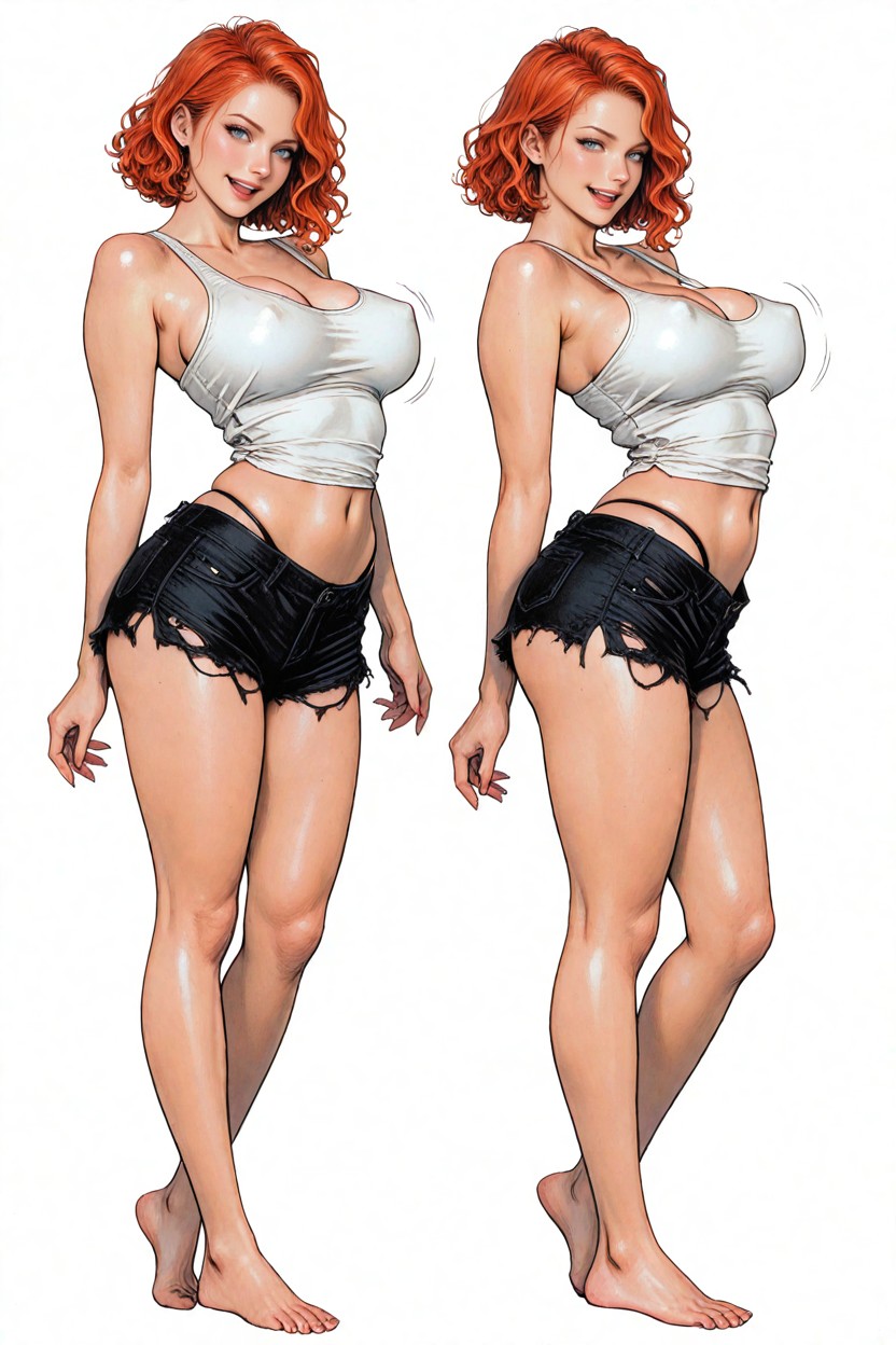 Slightly Tousled, Low Rise Denimshorts, Realistic Proportions Hentai AI Porn
