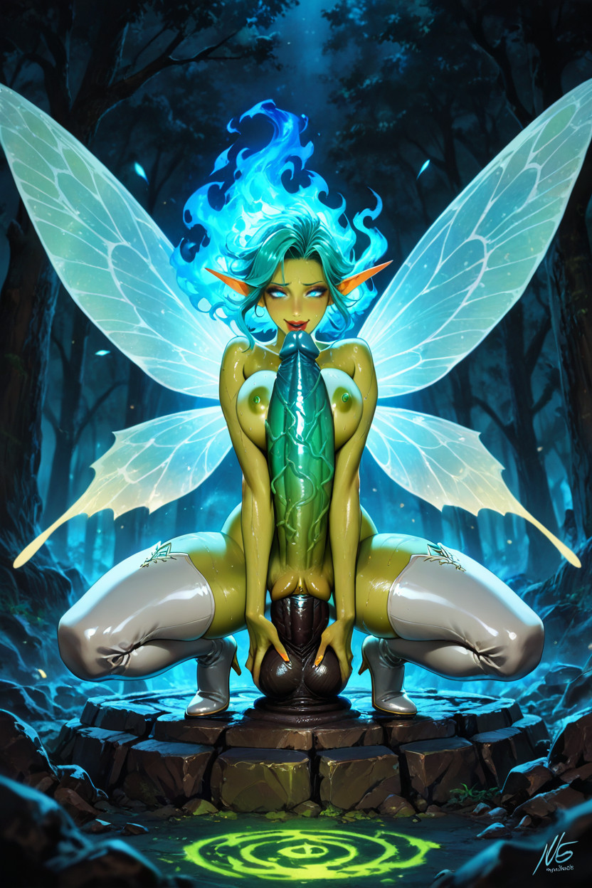 Dark Bioluminescent Green Skin And Green Nipples, Lips Around Penis, Fairie Magic ヘンタイAIエロ