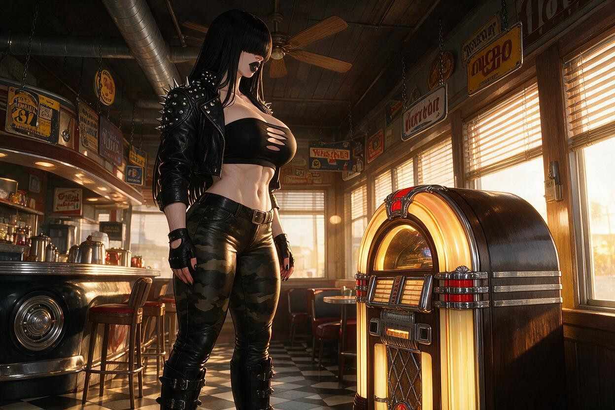 Golden Hour Warm, Making Her Seem Twice As Tall As A Normal Person Her Head Is Far Above The Top Of The Machine, Retro Design It Is Reaching Only To Her Waist They Are Facing Each Other Directly Hentai IA
