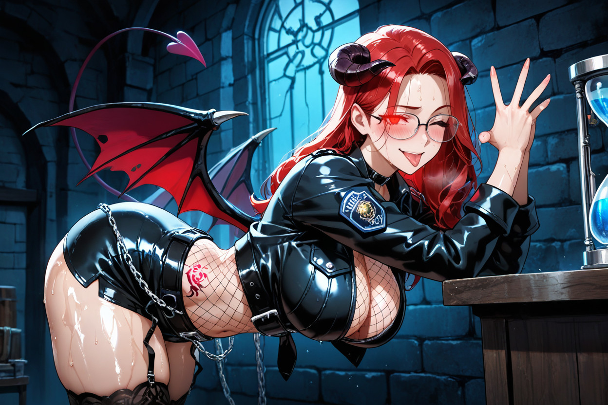 Warden Uniform, Black Leather Police Jacket, Tight Body Hentai AI Porn