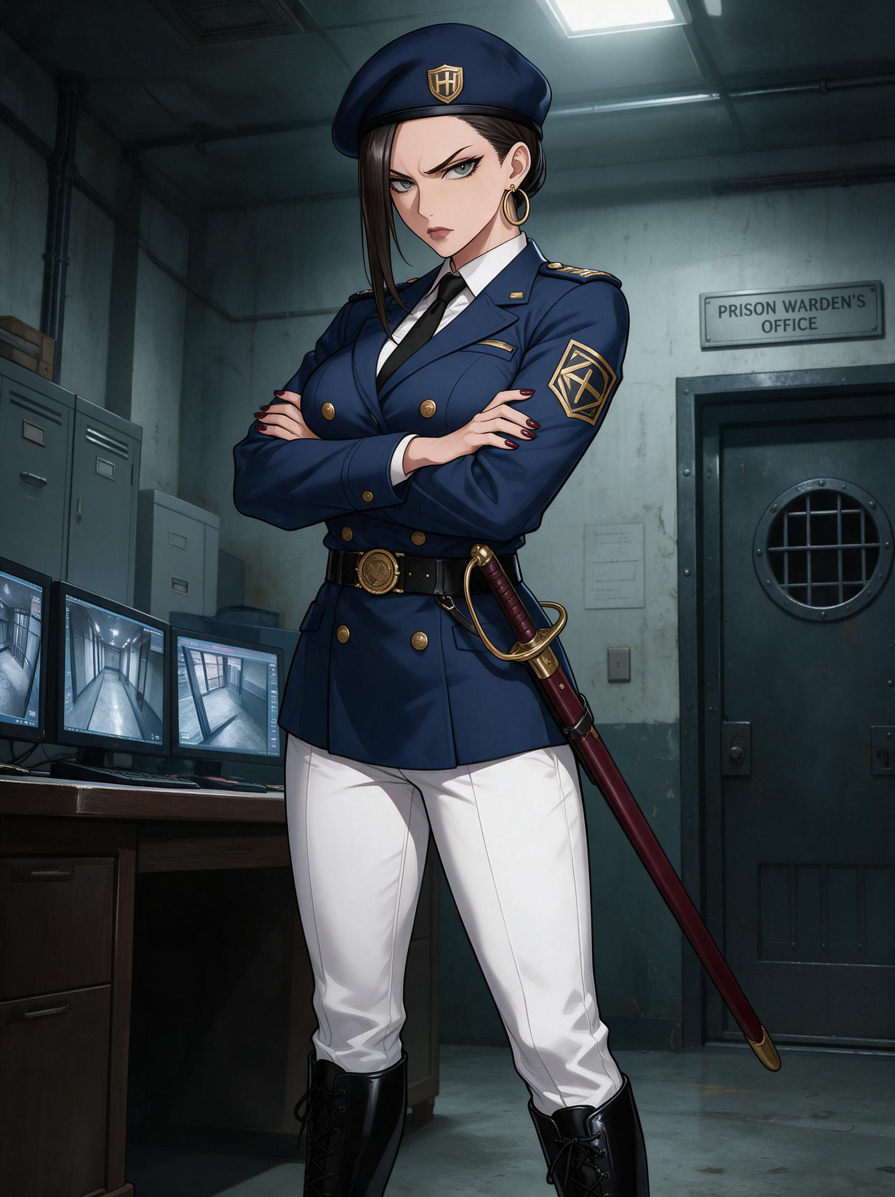 Her Right Ear Has No Earring On Her Head Sits A Dark Blue Beret With A Gold Shield Insignia Featuring An H-shaped Symbol She Wears A Fitted Dark Blue Double-breasted Warden Uniform Jacket With Gold Buttons In Two Rows, 18+, Padded Shoulder Epaulets 헨타이 AI 야짤