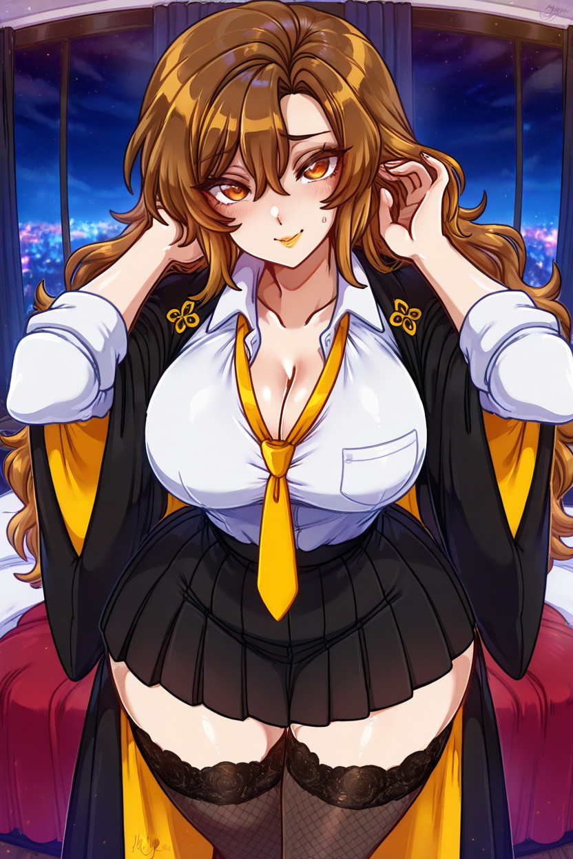 Pleated Black Skirt, Wavy Hair, Black Lace Stockings Hentai IA