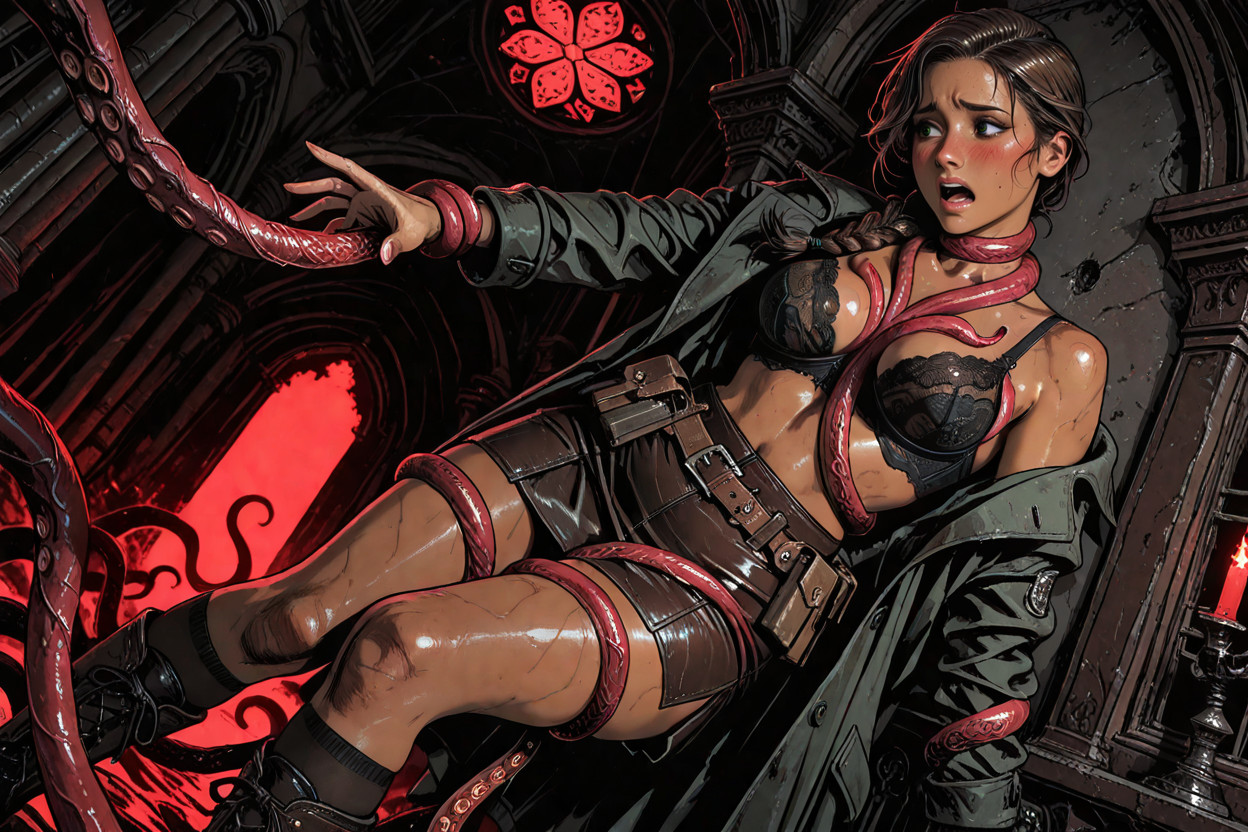 In A Huge Gothic Library, Small Breasts, Black Combat Utility Belt Hentai AI Porn
