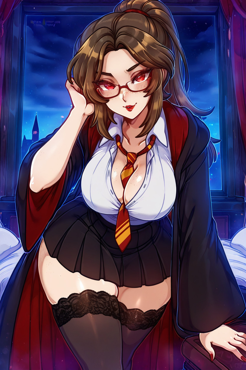 正面図, Wide Hips, Pleated Black Skirt ヘンタイAIエロ
