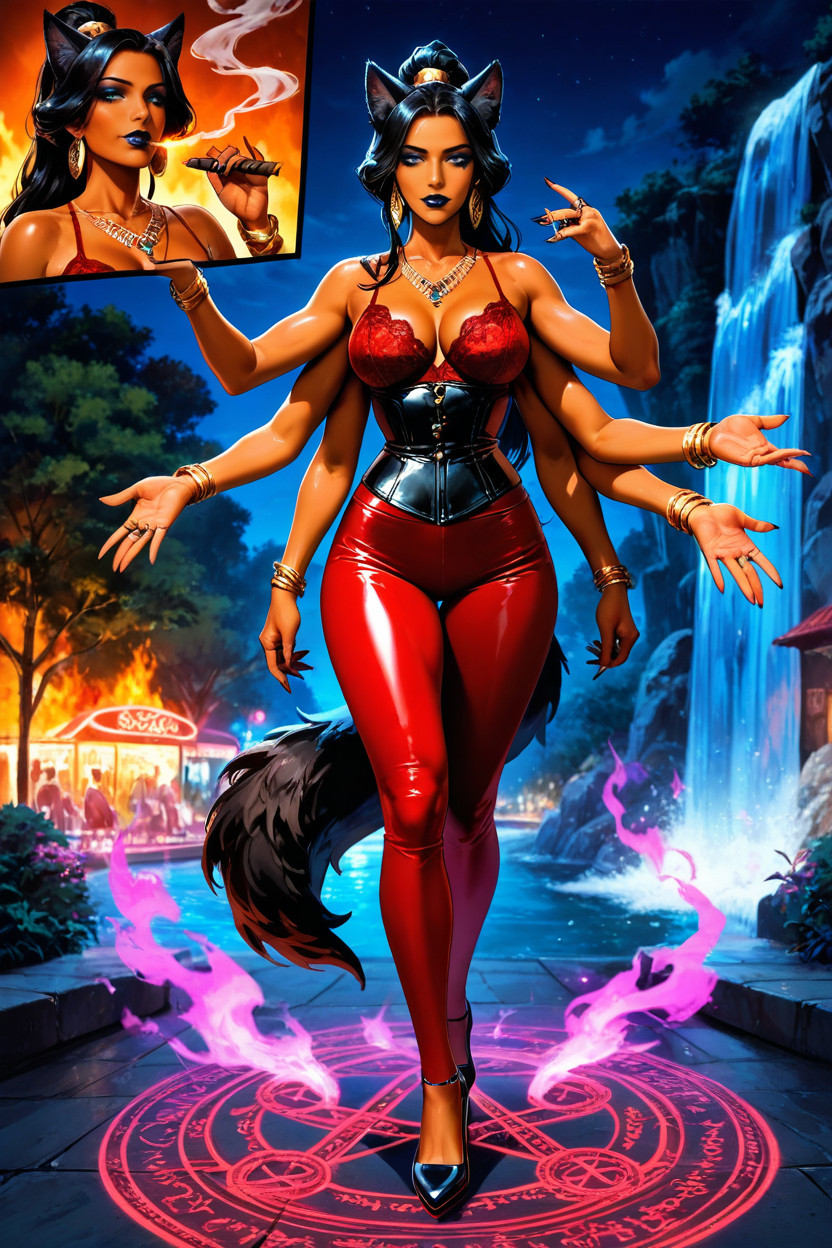 Detailedwoman Has Four Arms, Red Lace Leggings Red, Rings Hentai AI Porn