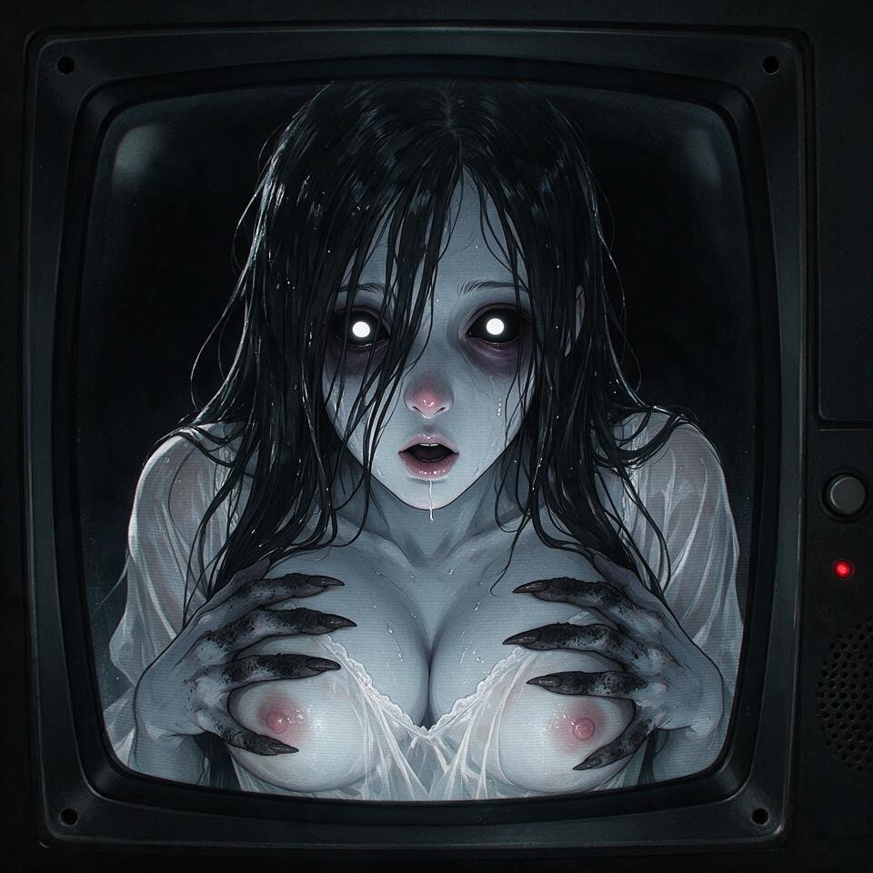 Breasts Pressed Against Glass, Drool, She Is Seen Through An Old Television Screen Hentai AI Porn