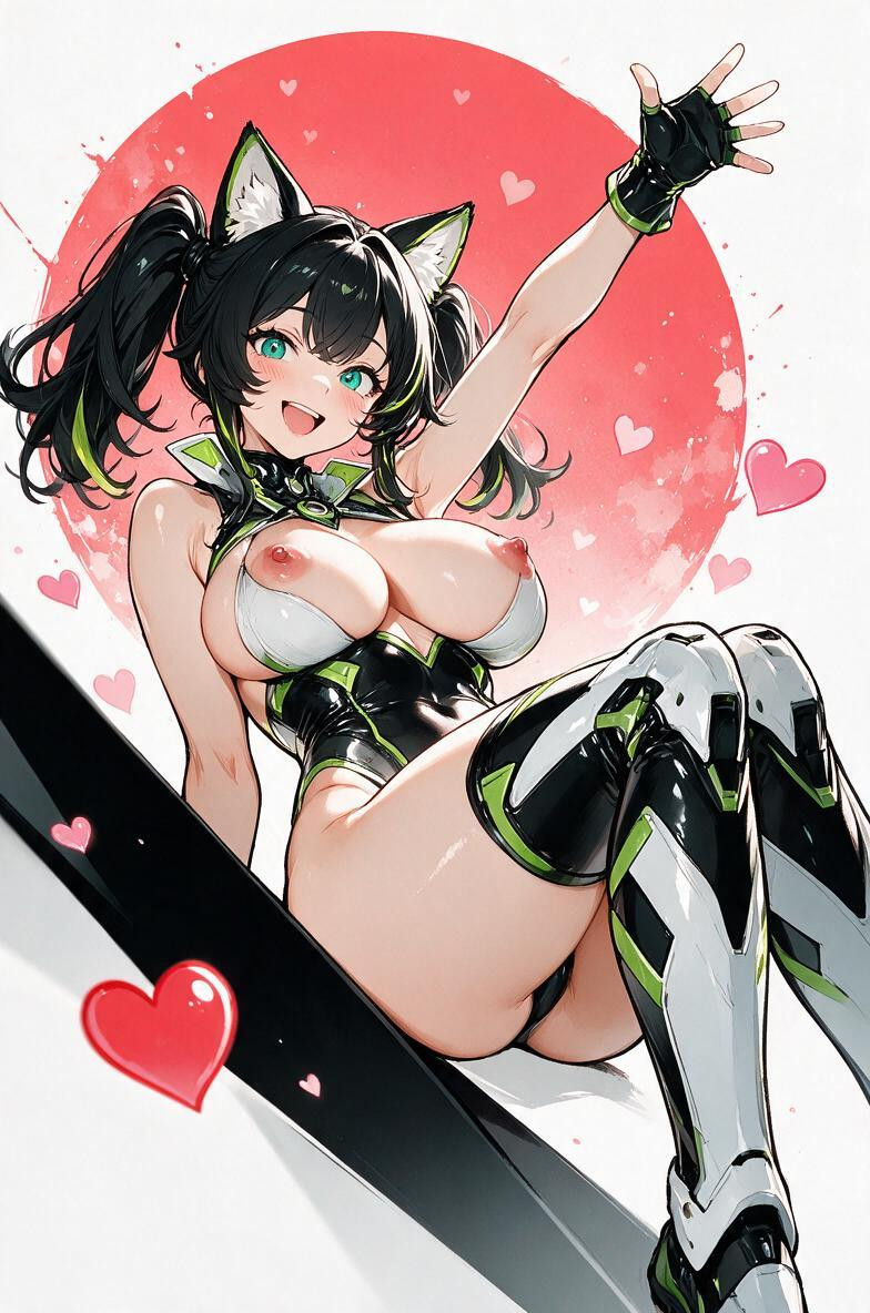 Andsoft Rounded Facial Features Black Hair With Twin Ponytails, Snatched Waist Latex Costume Materials Should Feel Shiny, Stylized Cel Shading Hentai AI Porn