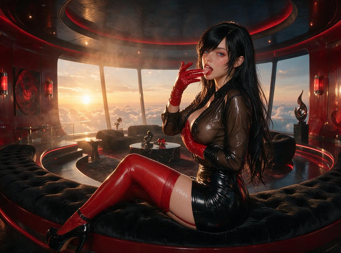 While Raven's Body Is Lit By Warm Sunset Rim Sunlight The Look Of The Image Has A Shallow Depth Of Field, The Environment Setting Is An Extremely Spacious Orbital Elevator Lounge Chamber High In The Sky The Lounge Chamber Is A Sleek, Wet Hentai AI Porn