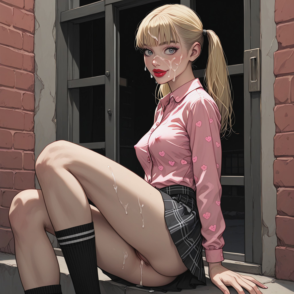 High Knee Socks, Pink Patterned Croppedskirt, Dark Red Lipstick Hentai AI Porn