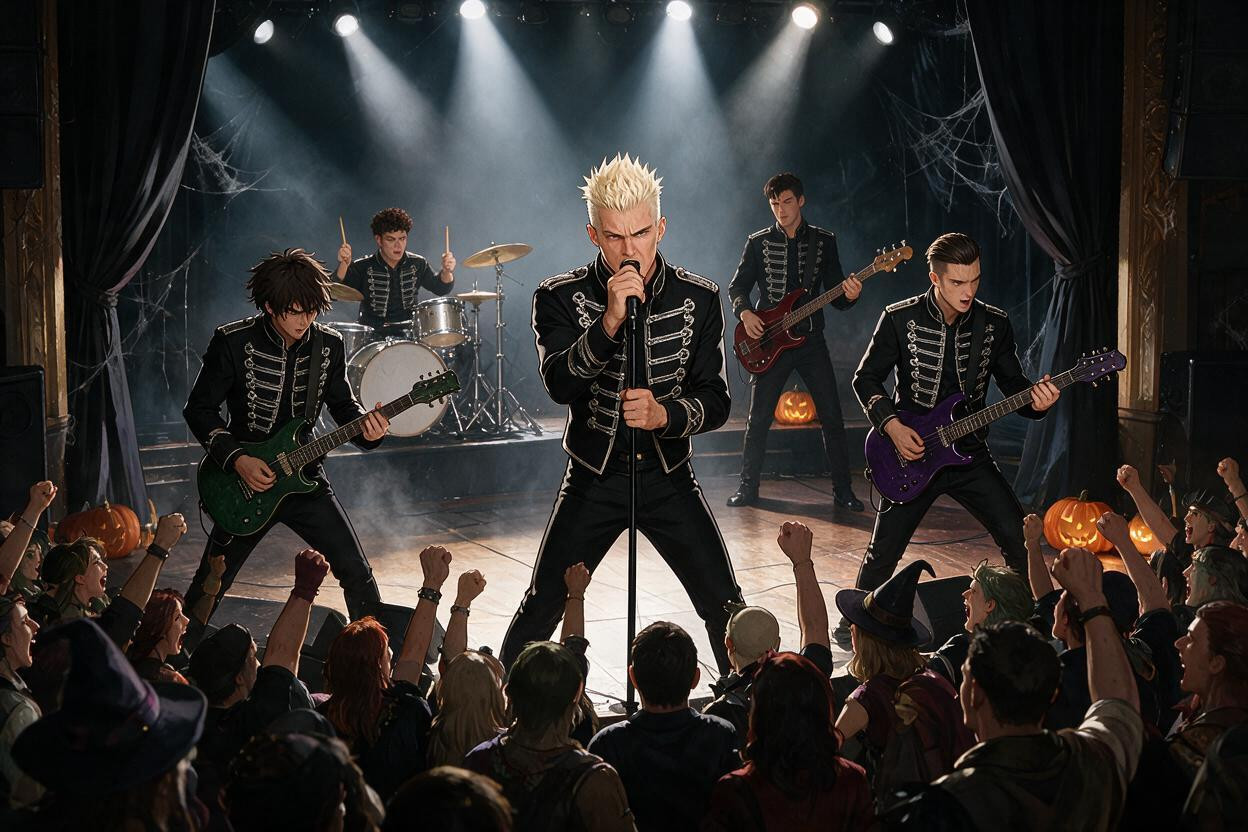 Minimal Textured Spikes On Top On The Left Front, Singing Aggressively He Has Cropped Spiky Platinum Blonde Hair, And A Fringe Trimmed Well Above His Eyebrows In The Background Left On The Drums 動漫AI成人
