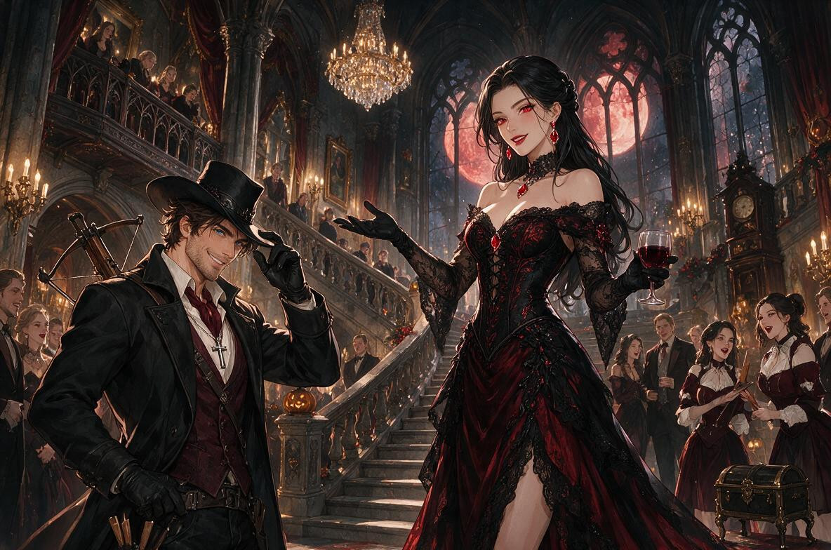 Filled With Elegantly Dressed Guests, While The Hostess Welcomes Him As Though He Were The Most Distinguished Guest Of The Evening Environment A Breathtaking Gothic Mansion Interior With A Monumental Staircase, Dramatic Graphic Shadows Porno IA hentai
