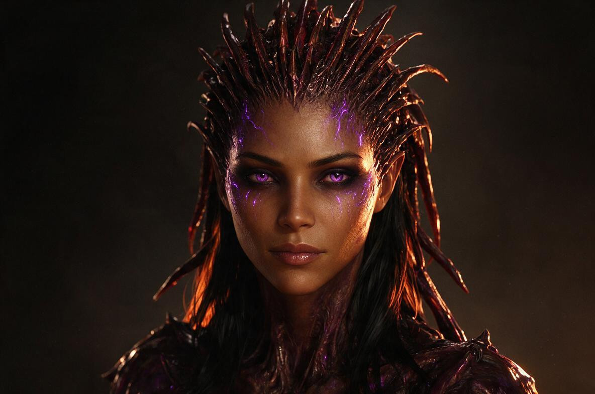 Femme Fatale Zerg, Mandíbula Firme Pero Relativamente Estrecha, Alas Nasales Proporcionadas Y Discretas Pómulos Definidos Con Prominencia Natural 헨타이 AI 야짤