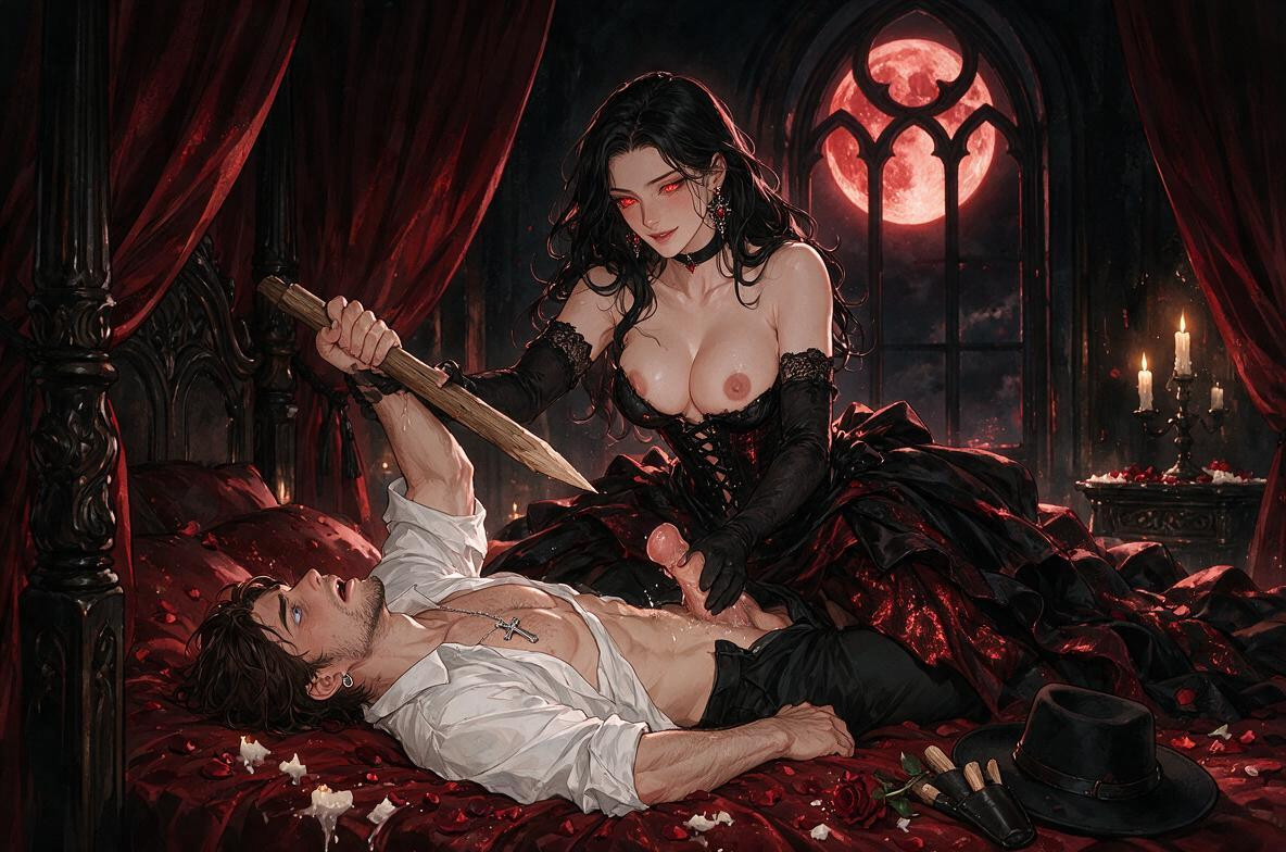 Gestures, His Steel-blue Eyes Reveal That He Has Not His Mission One Hand Grips A Wooden Stake, With The Queen Unmistakably In Command Depict Explicit Nudity And Graphic Sexual Activity Focus On Faces Hentai IA