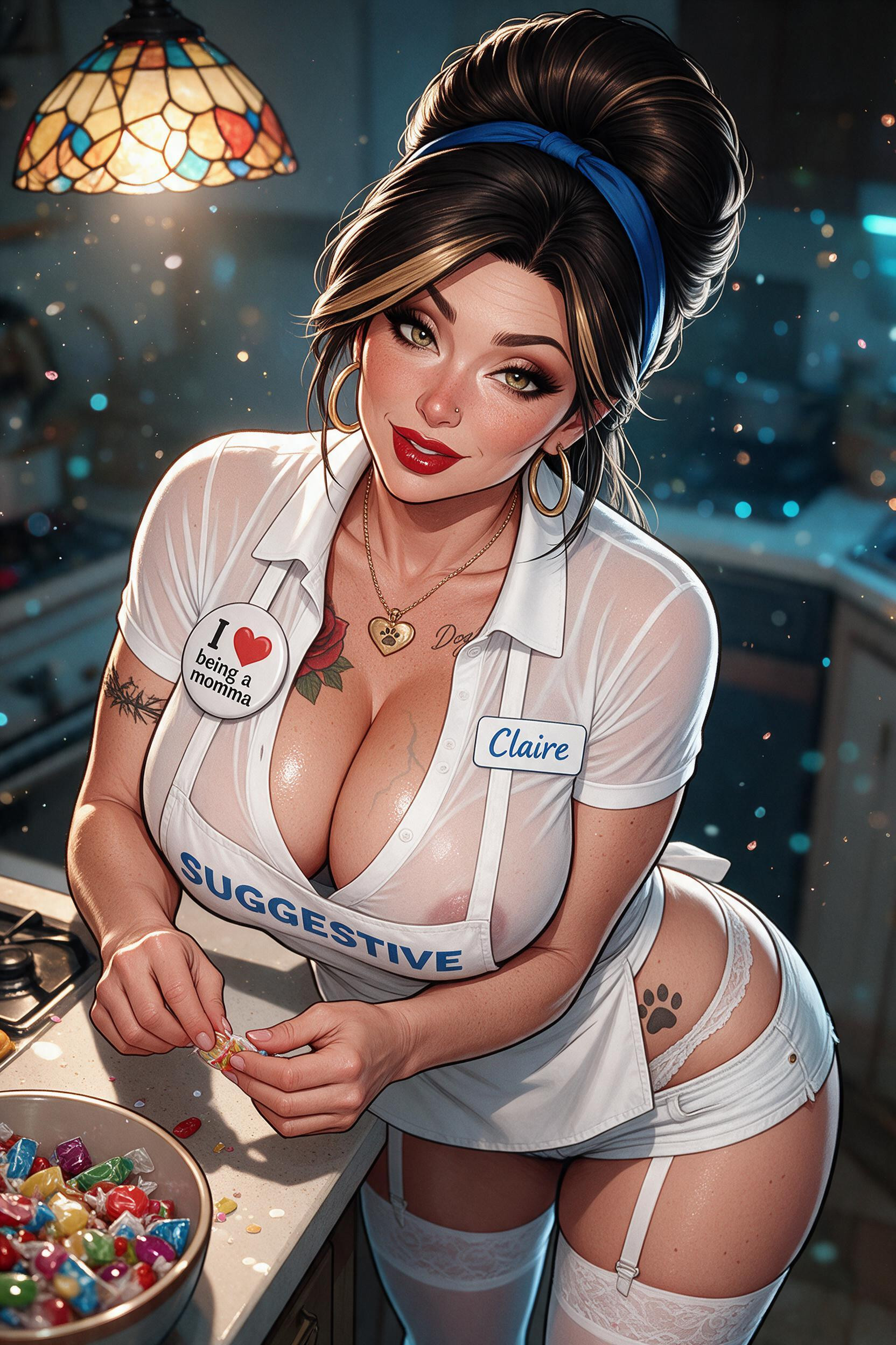 Tall White Nurse’s Stockings With Lace Trim, Candid Pose, High-volume Beehive-style Updo Paired With Side-swept Bangs Hentai IA